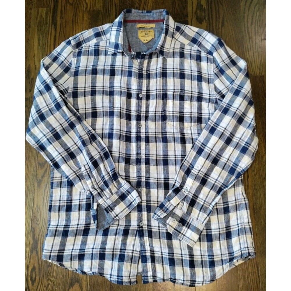 100% Linen Gilded Age Button Down Shirt Men's XL Plaid Blue Yellow Long Sleeve